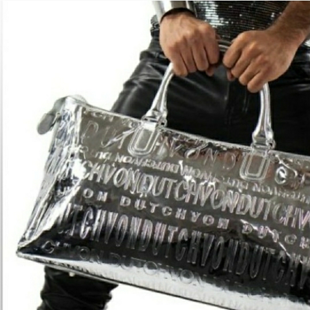 NWT! Von Dutch Metallic Silver Mirrored Weekender Gym Duffel Bag (Retail $379)